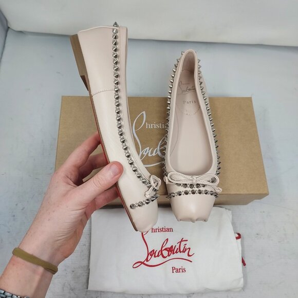 CHRISTIAN LOUBOUTIN Leche Pink Mamadrague Square Stud Spike Flat Shoe - Picture 1 of 11
